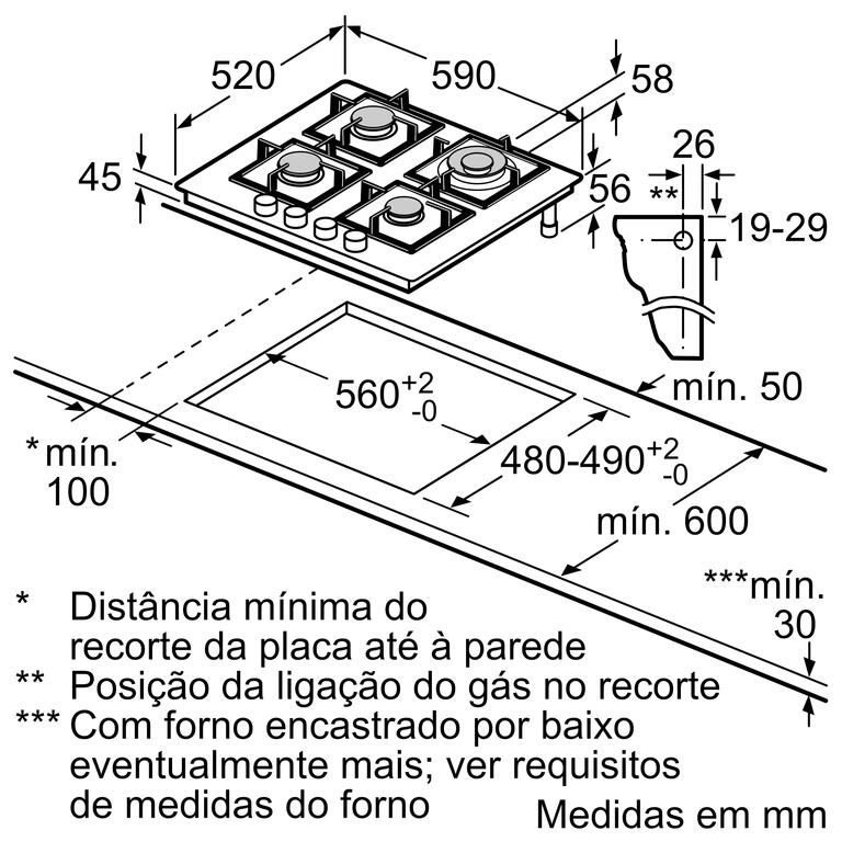 Serie 6 Placa a gás 60 cm Vidro duro, Preto Serie 6 Placa a gás 60 cm Vidro duro, Preto