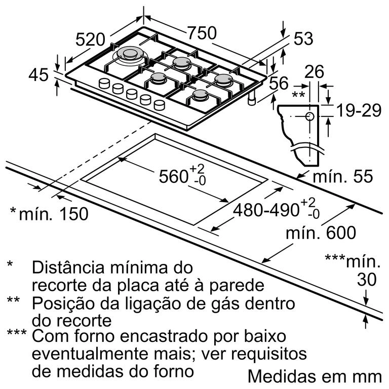 Serie 6 Placa a gás 75 cm Inox Serie 6 Placa a gás 75 cm Inox
